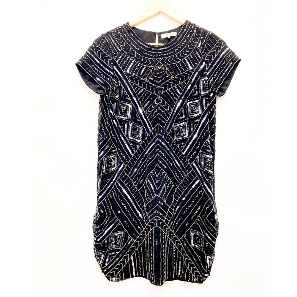 Parker Black Silver Sequin Cocktail Dress Sz XS